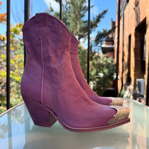 New Free People Brayden Western Boots Leather Ankle Heeled Steel Purple Silver